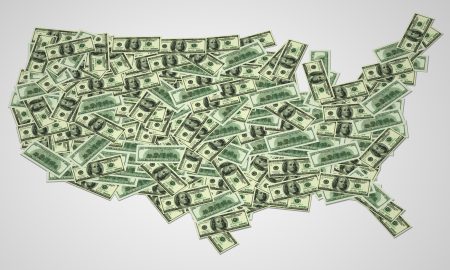 Map of the United States with notes of $ 100.